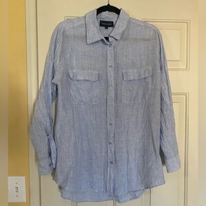 French Curve 100% LINEN roll tab sleeve collared Button Down Top Blue Large